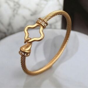 Clover Toggle 18k Gold Plated Stainless Zircon Crystal Bangle Bracelet